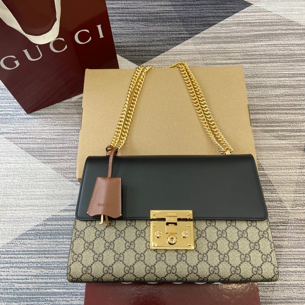 GUCCI Supreme Monogram Calfskin Small Padlock Top Handle Bag Beige Black Cuir
